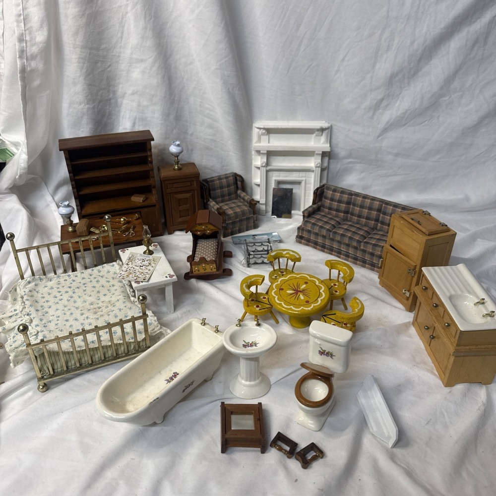 Vintage Dollhouse Lot Wood Furniture Kitchen Porcelain Bathroom Living 80's vibe